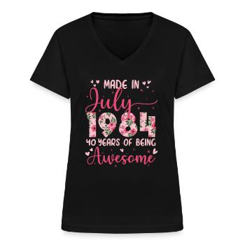 Juillet 1984 Cadeau Anniversaire 40 Ans Pour Femme - T-shirt col V Femme - noir - Devant - Lela (165cm)