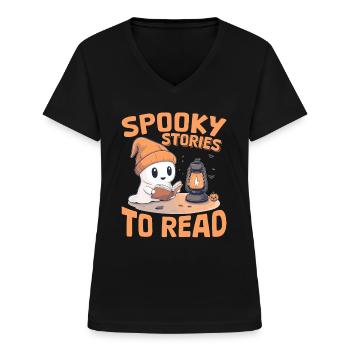 Funny Teacher Halloween Ghost Reading Book - Women's V-neck T-shirt - black - Front - Lela (165cm)