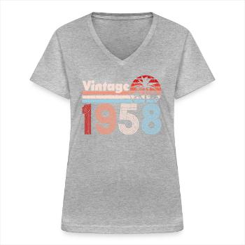 Millésime 1958 Palmiers Rétro Anniversaire - T-shirt col V Femme - gris chiné - Devant - Lela (165cm)
