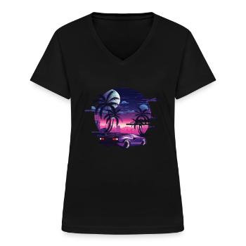Synthwave Retro Sunset Car Musik 80er - Frauen-T-Shirt mit V-Ausschnitt - Schwarz - Vorne - Lela (165cm)