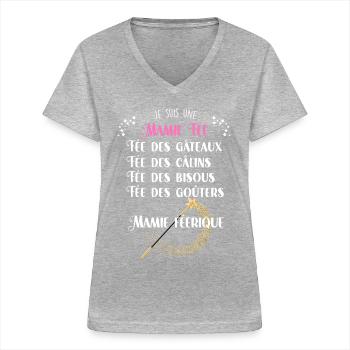 Mamie Fée Humour Grand-mère - T-shirt col V Femme - gris chiné - Devant - Lela (165cm)