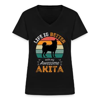 Akita Retro Vintage Dog - Women's V-neck T-shirt - black - Front - Lela (165cm)