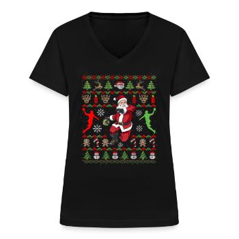 Handball Ugly Christmas Weihnachtsmann Handballer - Frauen-T-Shirt mit V-Ausschnitt - Schwarz - Vorne - Lela (165cm)