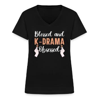 Béni et K-drama obsédé drame coréen Oppa - T-shirt col V Femme - noir - Devant - Lela (165cm)