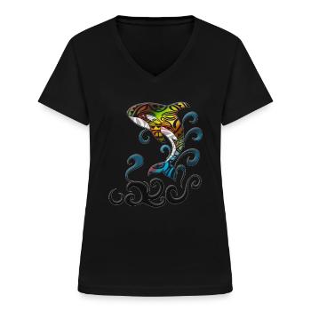 Whale in the Bunch of Water Jumping Orca Holiday Trip - Women's V-neck T-shirt - black - Front - Lela (165cm)