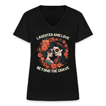 Dia De Los Muertos Sugar Skull mexicansk ferie - T-shirt med V-hals til damer - sort - Foran - Lela (165cm)