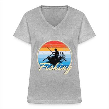 Pêche Pêche Pêcheur Bateau sur la mer Cadeau - T-shirt col V Femme - gris chiné - Devant - Lela (165cm)