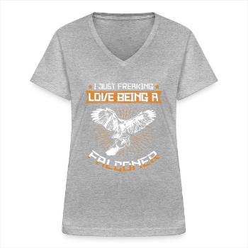 Falkner Falknerei Beizjagd Jagd Falken Geschenk - Frauen-T-Shirt mit V-Ausschnitt - Grau meliert - Vorne - Lela (165cm)