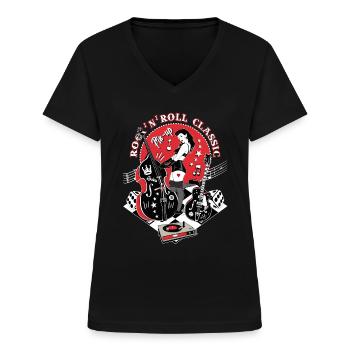 Rockabilly Vintage Rocker Rock N Roll Pinup - T-shirt col V Femme - noir - Devant - Lela (165cm)