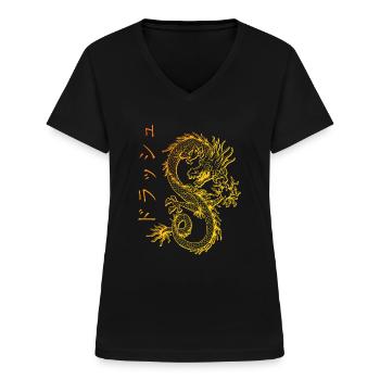 Dragon Streetwear e-girl esthétique e-boy kanji - T-shirt col V Femme - noir - Devant - Lela (165cm)