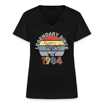 1984 | Vintage Legendary since 1984 Anniversaire - T-shirt col V Femme - noir - Devant - Lela (165cm)