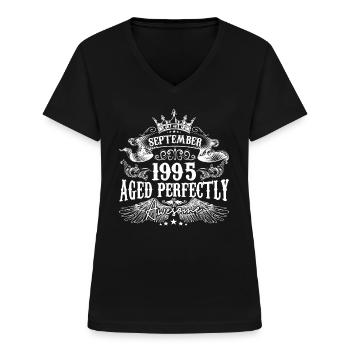 Septembre 1995 anniversaire 1995 Septembre - T-shirt col V Femme - noir - Devant - Lela (165cm)