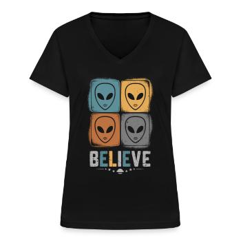 Croyance en l’espace incompréhensible - T-shirt col V Femme - noir - Devant - Lela (165cm)