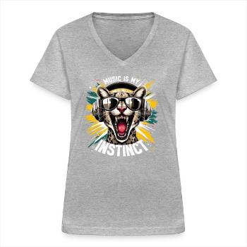 Musik ist mein Instinkt Ocelot Kopfhörer - Frauen-T-Shirt mit V-Ausschnitt - Grau meliert - Vorne - Lela (165cm)
