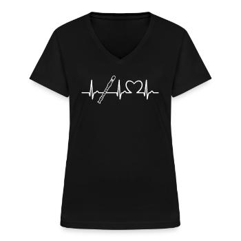 Blockflöte - EKG Kurve - Herzkurve - Puls - Musik - Frauen-T-Shirt mit V-Ausschnitt - Schwarz - Vorne - Lela (165cm)