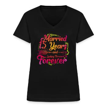 15. Hochzeitstag - Frauen-T-Shirt mit V-Ausschnitt - Schwarz - Vorne - Lela (165cm)