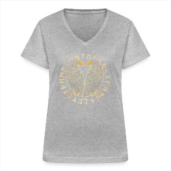 Hugin und Munin - Odins Raben - Frauen-T-Shirt mit V-Ausschnitt - Grau meliert - Vorne - Lela (165cm)