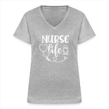SCHWESTER LEBEN - Frauen-T-Shirt mit V-Ausschnitt - Grau meliert - Vorne - Lela (165cm)