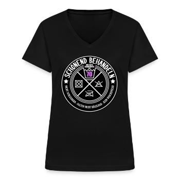 Schonend behandeln Schachtel 70 | Farben änderbar - Frauen-T-Shirt mit V-Ausschnitt - Schwarz - Vorne - Lela (165cm)