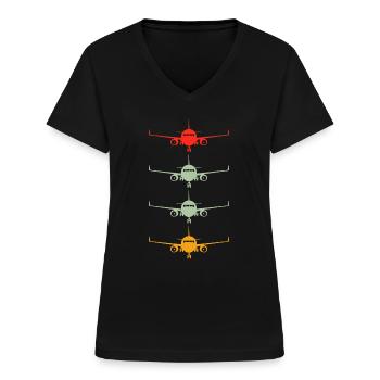 Aviation Avion Volant Compagnie aérienne Drôle Vintage Pil - T-shirt col V Femme - noir - Devant - Lela (165cm)