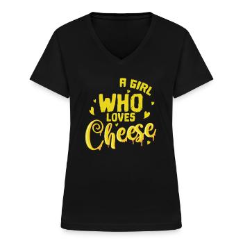 Käse Une fille qui aime le fromage - T-shirt col V Femme - noir - Devant - Lela (165cm)