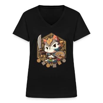 Jouer à la manette Gaming Gamer Samurai Cat - T-shirt col V Femme - noir - Devant - Lela (165cm)