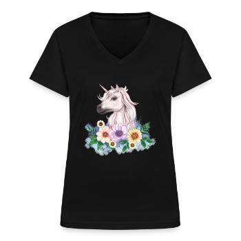 Enhjørning med blomster - T-shirt med V-hals til damer - sort - Foran - Lela (165cm)