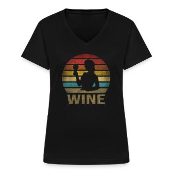 Drinking Wine Fun Alcohol Woman Retro Sunset - Frauen-T-Shirt mit V-Ausschnitt - Schwarz - Vorne - Lela (165cm)