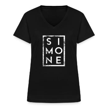 Simone Minimalismus - Frauen-T-Shirt mit V-Ausschnitt - Schwarz - Vorne - Lela (165cm)
