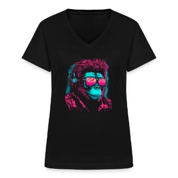 Monkey DJ Sunglasses Headphones Chimpanzee Colorful - Women's V-neck T-shirt - black - Front - Lela (165cm)