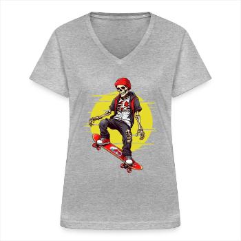 Skateboard Squelette - T-shirt col V Femme - gris chiné - Devant - Lela (165cm)