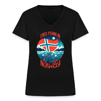 Pêche en Norvège - T-shirt col V Femme - noir - Devant - Lela (165cm)