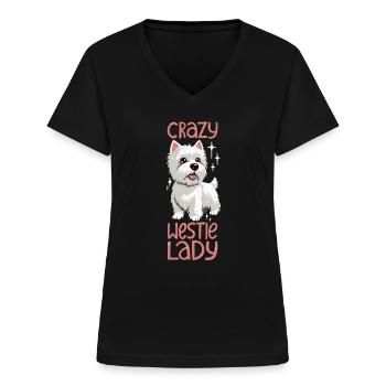 Crazy Westie Lady - Women's V-neck T-shirt - black - Front - Lela (165cm)