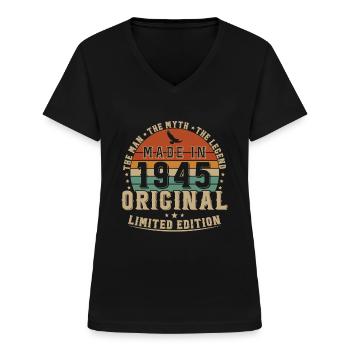 80 Ans 1945 Vintage Retro Cadeau D’anniversaire - T-shirt col V Femme - noir - Devant - Lela (165cm)