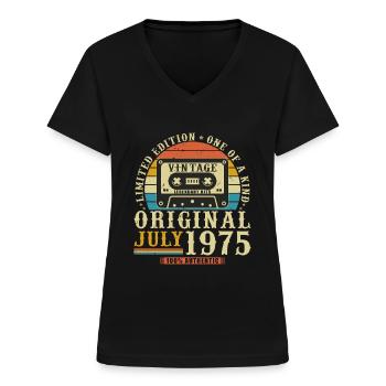 Juillet 1975 Vintage Cadeau Anniversaire Rétro - T-shirt col V Femme - noir - Devant - Lela (165cm)