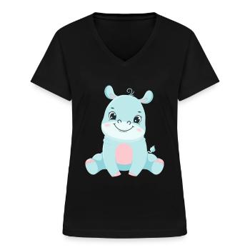 Hippo Familie Mutter Baby T-Shirt - Frauen-T-Shirt mit V-Ausschnitt - Schwarz - Vorne - Lela (165cm)