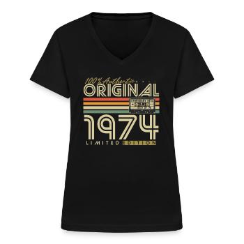 Original 1974 Vintage Vintage anniversaire rétro - T-shirt col V Femme - noir - Devant - Lela (165cm)
