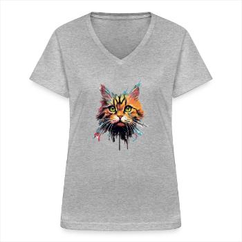 Katze - Frauen-T-Shirt mit V-Ausschnitt - Grau meliert - Vorne - Lela (165cm)