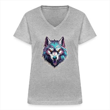 Wolf - Illustration - Frauen-T-Shirt mit V-Ausschnitt - Grau meliert - Vorne - Lela (165cm)