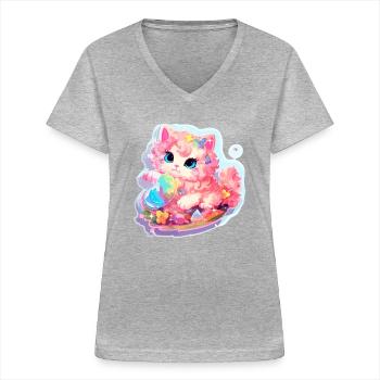 Katze - Illustration - Frauen-T-Shirt mit V-Ausschnitt - Grau meliert - Vorne - Lela (165cm)