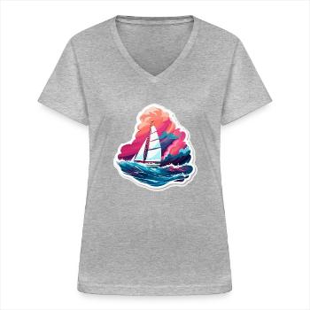 Voilier - illustration - T-shirt col V Femme - gris chiné - Devant - Lela (165cm)