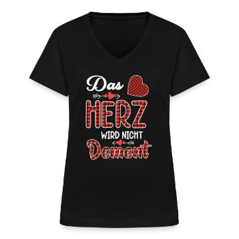 Das Herz wird nicht dement | Pflege mit Herz - Frauen-T-Shirt mit V-Ausschnitt - Schwarz - Vorne - Lela (165cm)