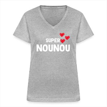 Super Nounou - T-shirt col V Femme - gris chiné - Devant - Lela (165cm)