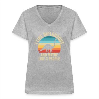 J'aime Les Diplodocus Cadeau Humour Dinosaure - T-shirt col V Femme - gris chiné - Devant - Lela (165cm)