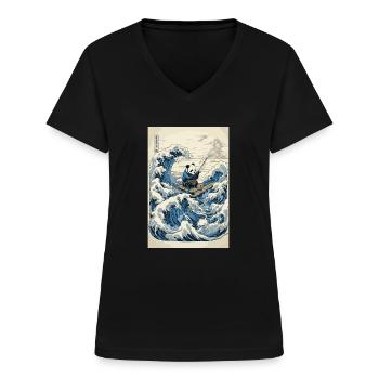 Panda Pêcheur Hokusai Art Japonais Humour Kanagawa - T-shirt col V Femme - noir - Devant - Lela (165cm)