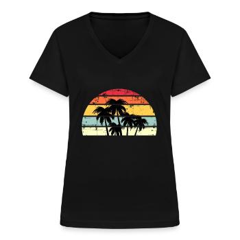 Palmen Retro Sonnenuntergang - Frauen-T-Shirt mit V-Ausschnitt - Schwarz - Vorne - Lela (165cm)