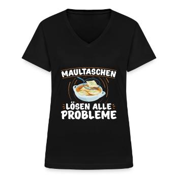 Maultaschen Sprüche | Schwaben Ländle Geschenkidee - Frauen-T-Shirt mit V-Ausschnitt - Schwarz - Vorne - Lela (165cm)