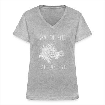 Lionfish Save The Reef Mangez la pêche sous-marine au poisson-lion - T-shirt col V Femme - gris chiné - Devant - Lela (165cm)