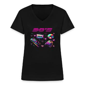 Ein Shirt back to the 90er. - Frauen-T-Shirt mit V-Ausschnitt - Schwarz - Vorne - Lela (165cm)