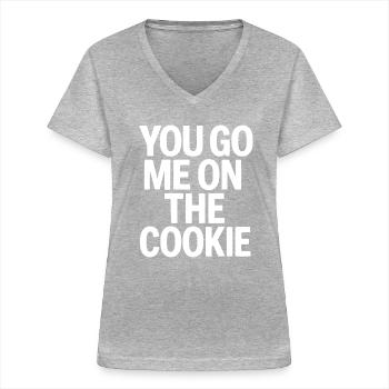 Denglisch tu vas moi sur le cookie - T-shirt col V Femme - gris chiné - Devant - Lela (165cm)